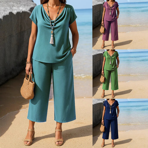 Damen bequemes Set aus lässigem Oberteil und weit geschnittener Hose Drune
