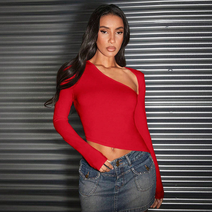 Damen asymmetrisches Langarm-Cropped-Top mit Ein-Schulter-Detail und sculptender Passform Drune