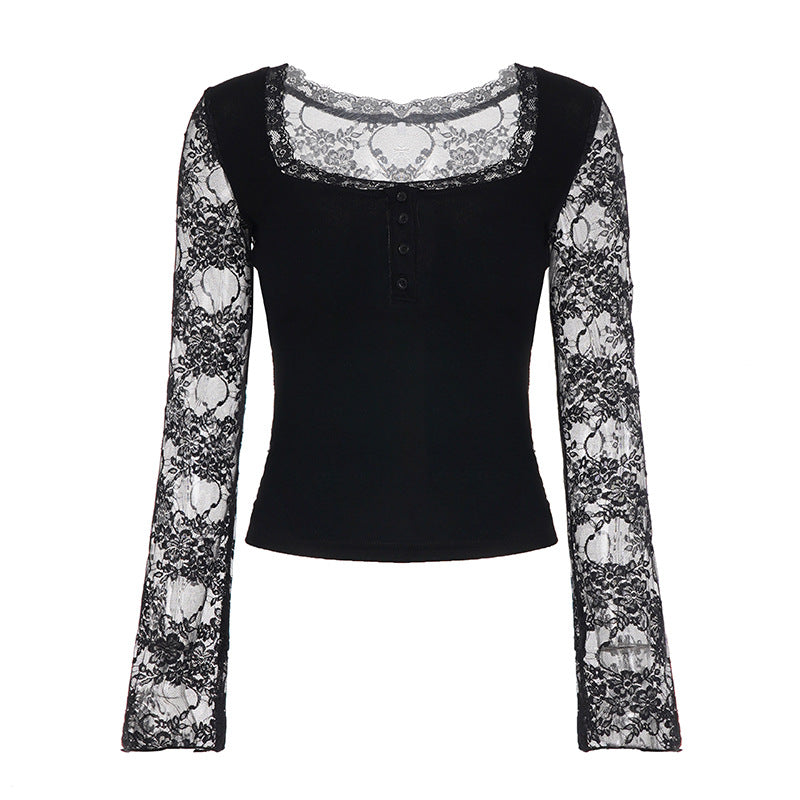 Damen Elegantes Langarmshirt mit Spitze und Knopfdetails Drune