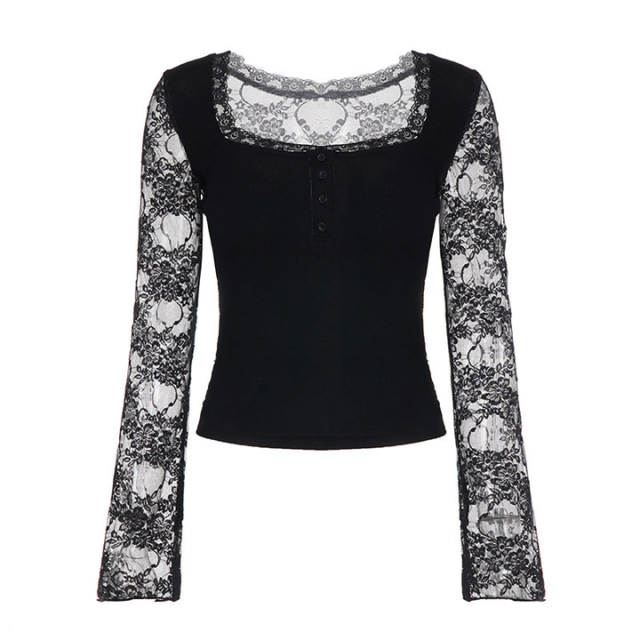 Damen Elegantes Langarmshirt mit Spitze und Knopfdetails Drune