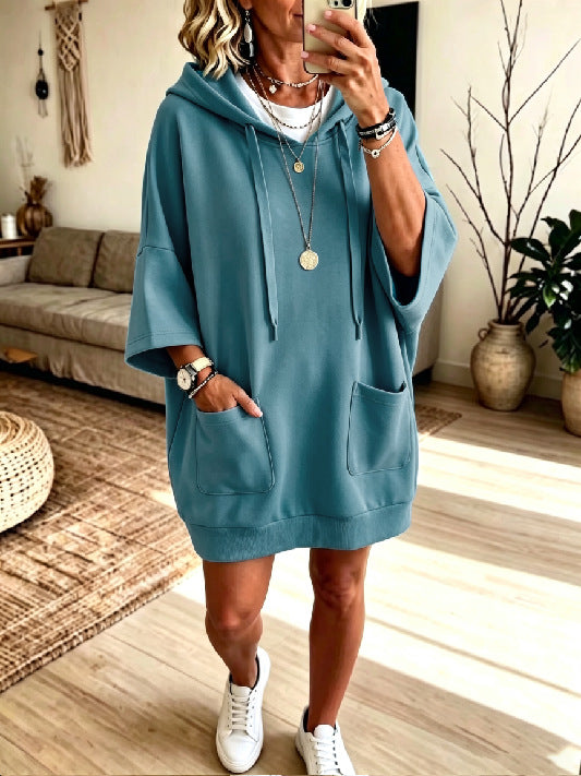 Damen Oversize Hoodie-Kleid mit Kängurutaschen und halblangen Ärmeln Drune