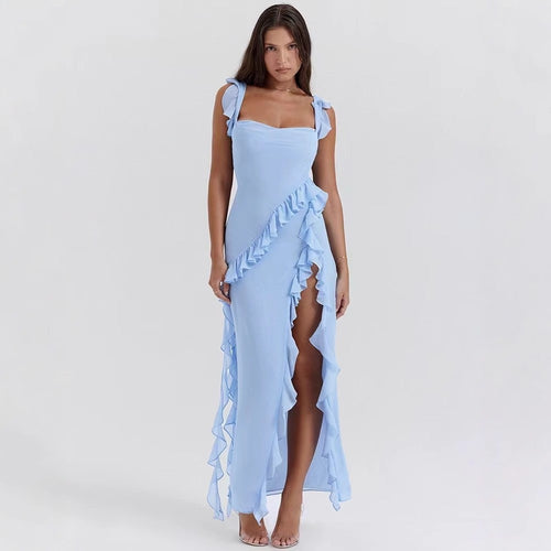 Damen asymmetrisches Maxi-Kleid mit Rüschendetails und hohem Schlitz Drune