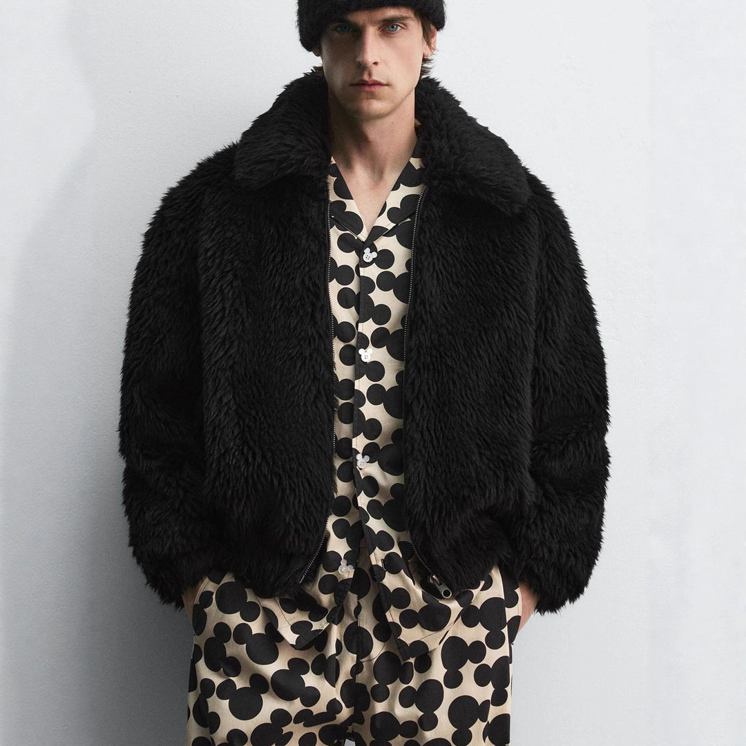 Herren Kurzblouson aus Faux-Fur mit Reißverschluss und kastigem Schnitt Drune
