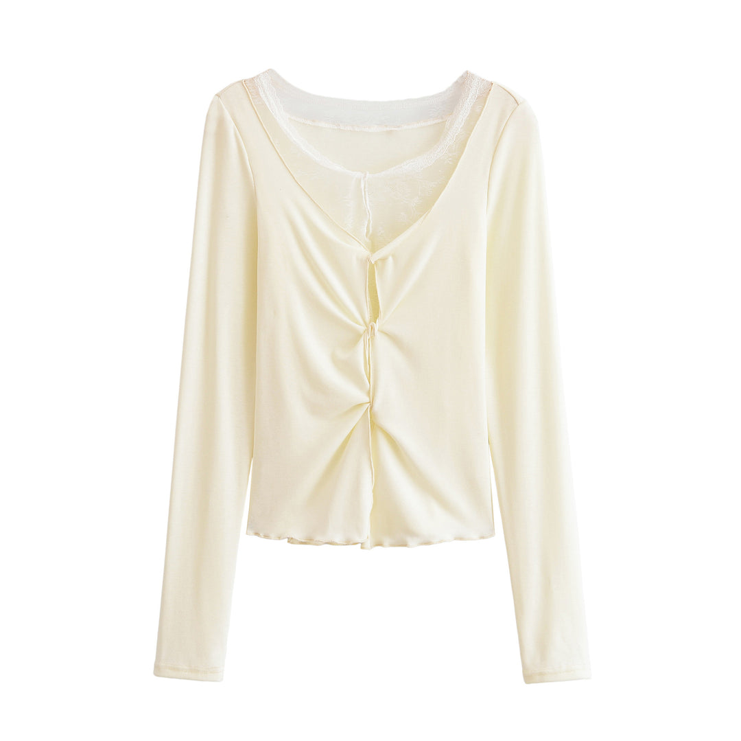 Damen Langarm-Feinjersey-Top mit Spitzen-Einsatz, Knotenfront und Raffung Drune