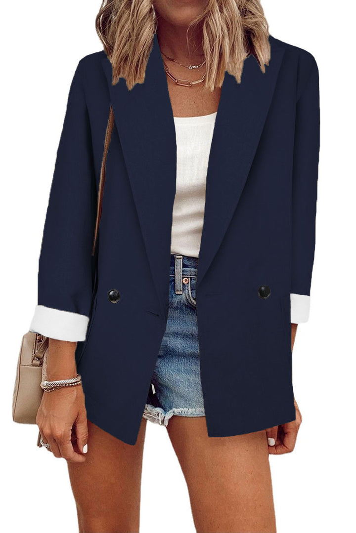 Damen Oversize Longline-Blazer mit 3/4-Ärmeln, Kontrastumschlag und aufgesetzten Taschen Drune