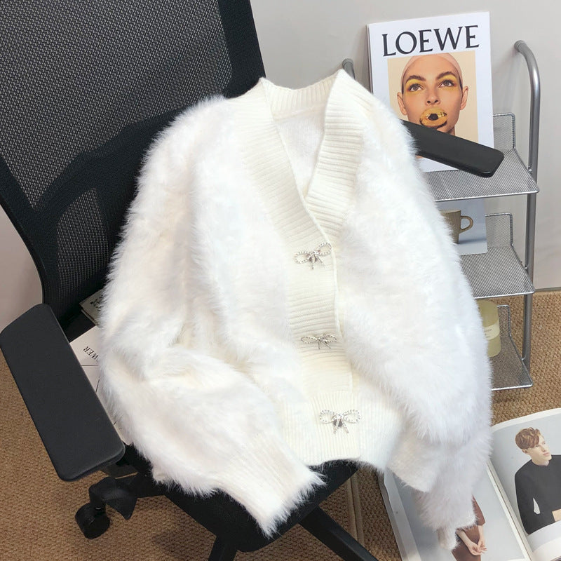 Damen Flauschiger Cardigan mit eleganter Knopfverzierung Drune