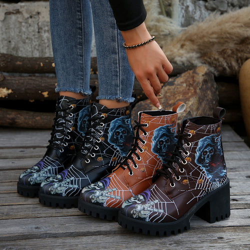 Damen Schnürstiefel mit Halloween-Motiv und robustem Blockabsatz Drune