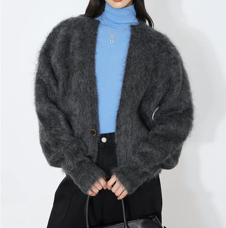 Damen elegante Strickjacke mit modernem Schnitt und hohen Kragen Drune