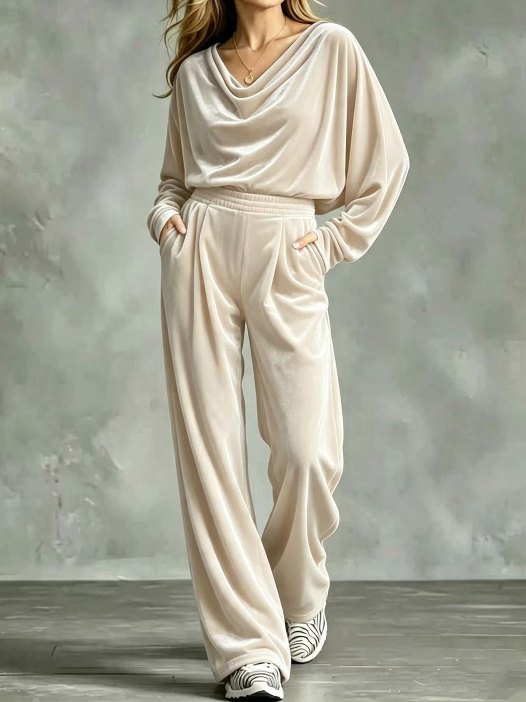 Damen Samt-Loungewear-Set mit Wasserfallkragen, weitem Palazzo-Schnitt und Eingrifftaschen Drune