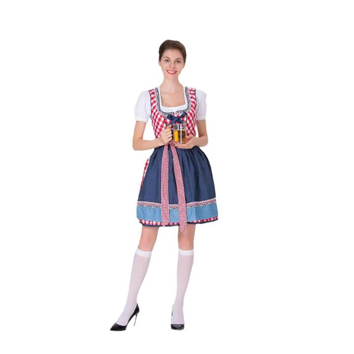 Damen nan traditionelles Trachten-Minikleid mit kariertem Schnürmieder, Puffärmelbluse und dekorativer Schürze Drune