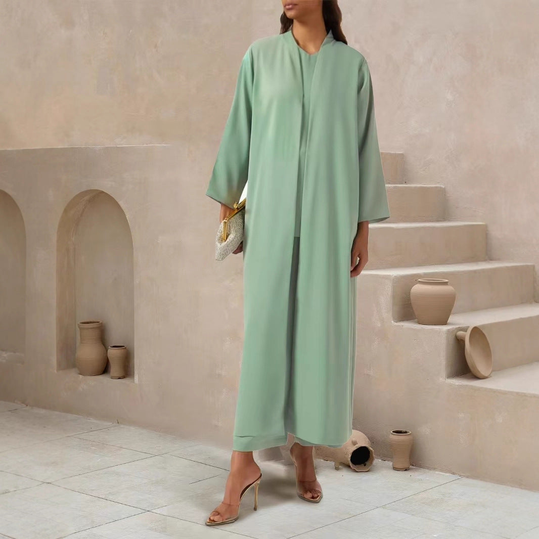 Damen Fließender Maxi-Kaftan-Mantel mit offenem Vorderteil und minimalistischem Stehkragen Drune