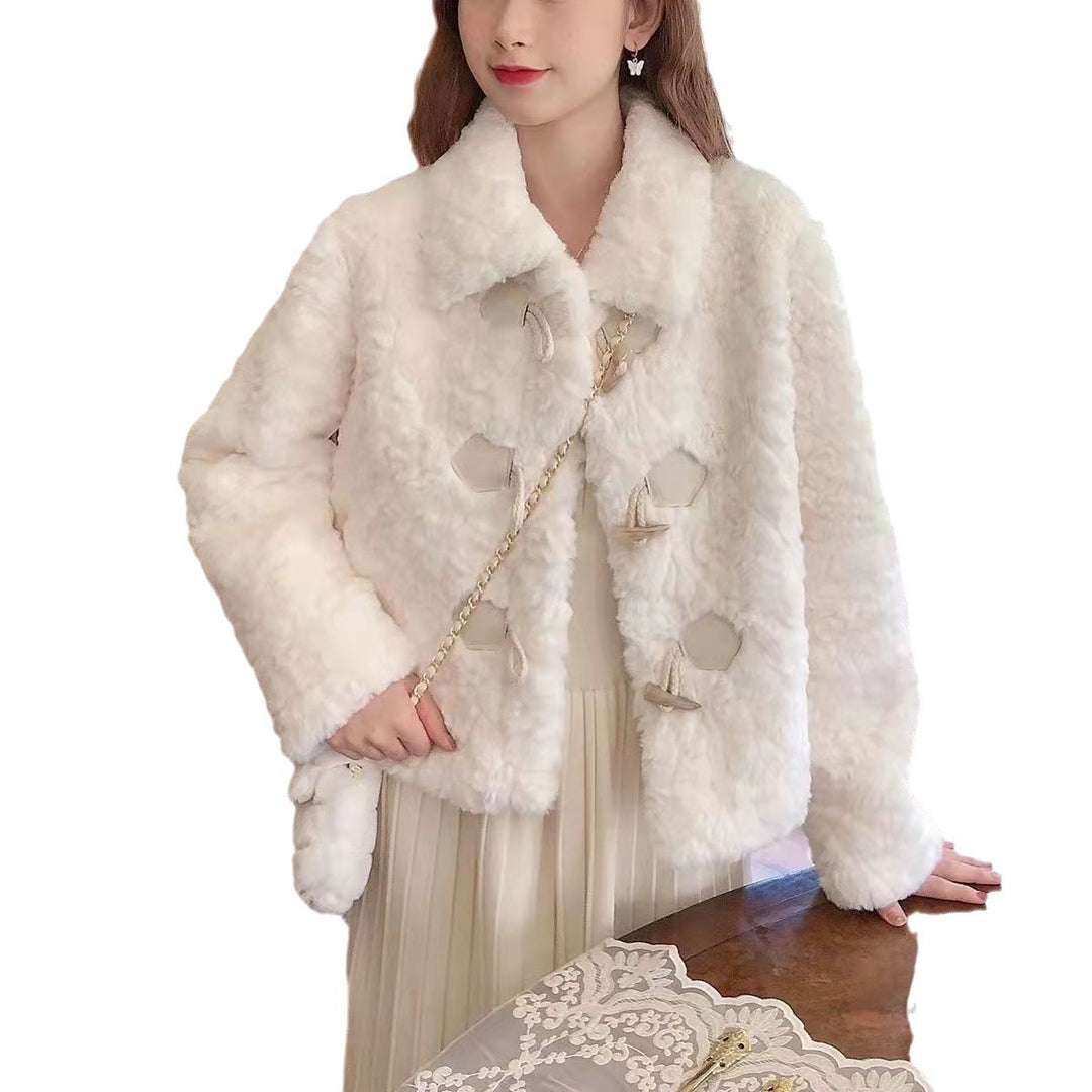 Damen elegante Kunstfelljacke mit schickem Kragen und dekorativen Knopfdetails Drune