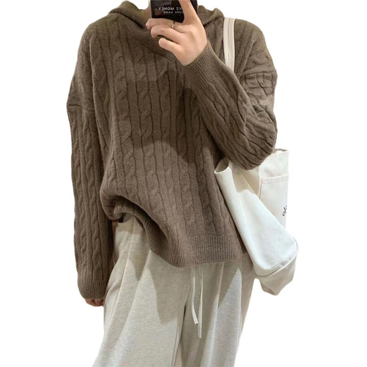 Damen Kuscheliger Strickpullover mit Kapuze und Kabelmuster Drune