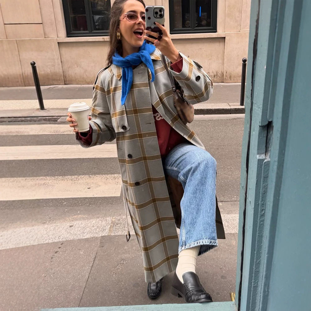 Damen langer kariierter Mantel im Trenchcoat-Stil mit doppelter Knopfleiste Drune