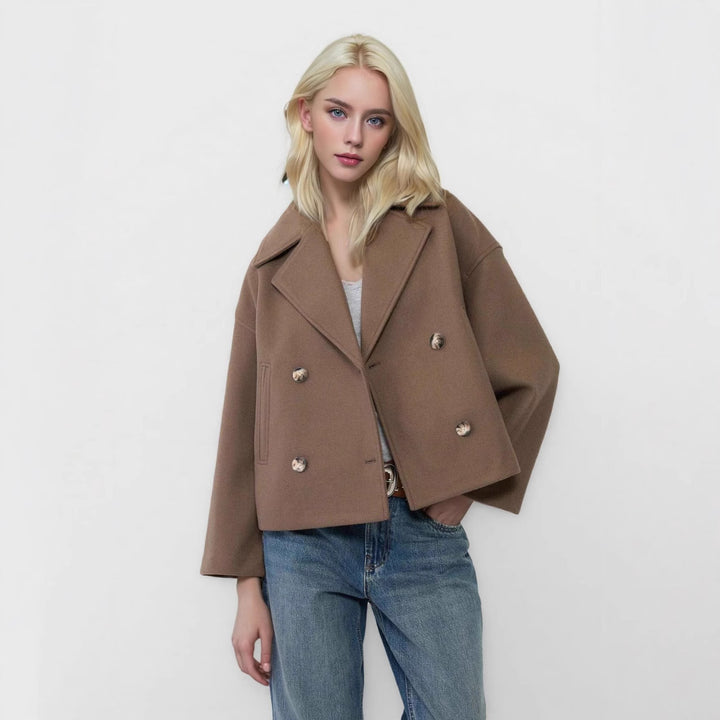 Damen Kurzer Doppelreihiger Wollmix-Mantel mit Oversize-Revers Drune