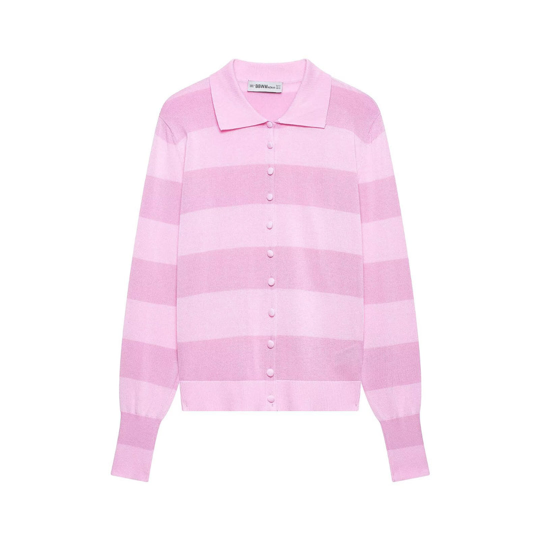 Damen Gestreifte Feinstrick-Cardigan mit Polokragen und bezogenen Knöpfen Drune