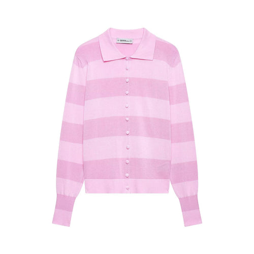 Damen Gestreifte Feinstrick-Cardigan mit Polokragen und bezogenen Knöpfen Drune