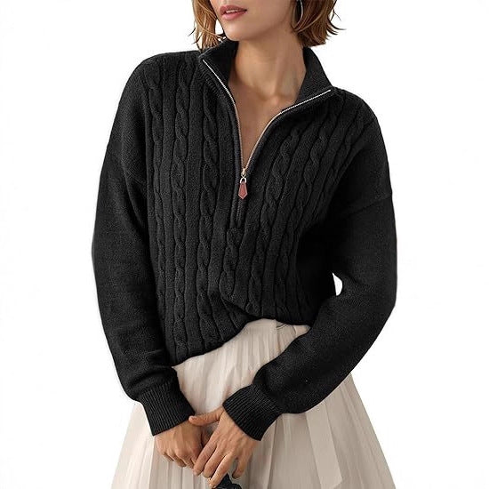 Damen Grobstrick Pullover mit Stehkragen und halbem Reißverschluss Drune