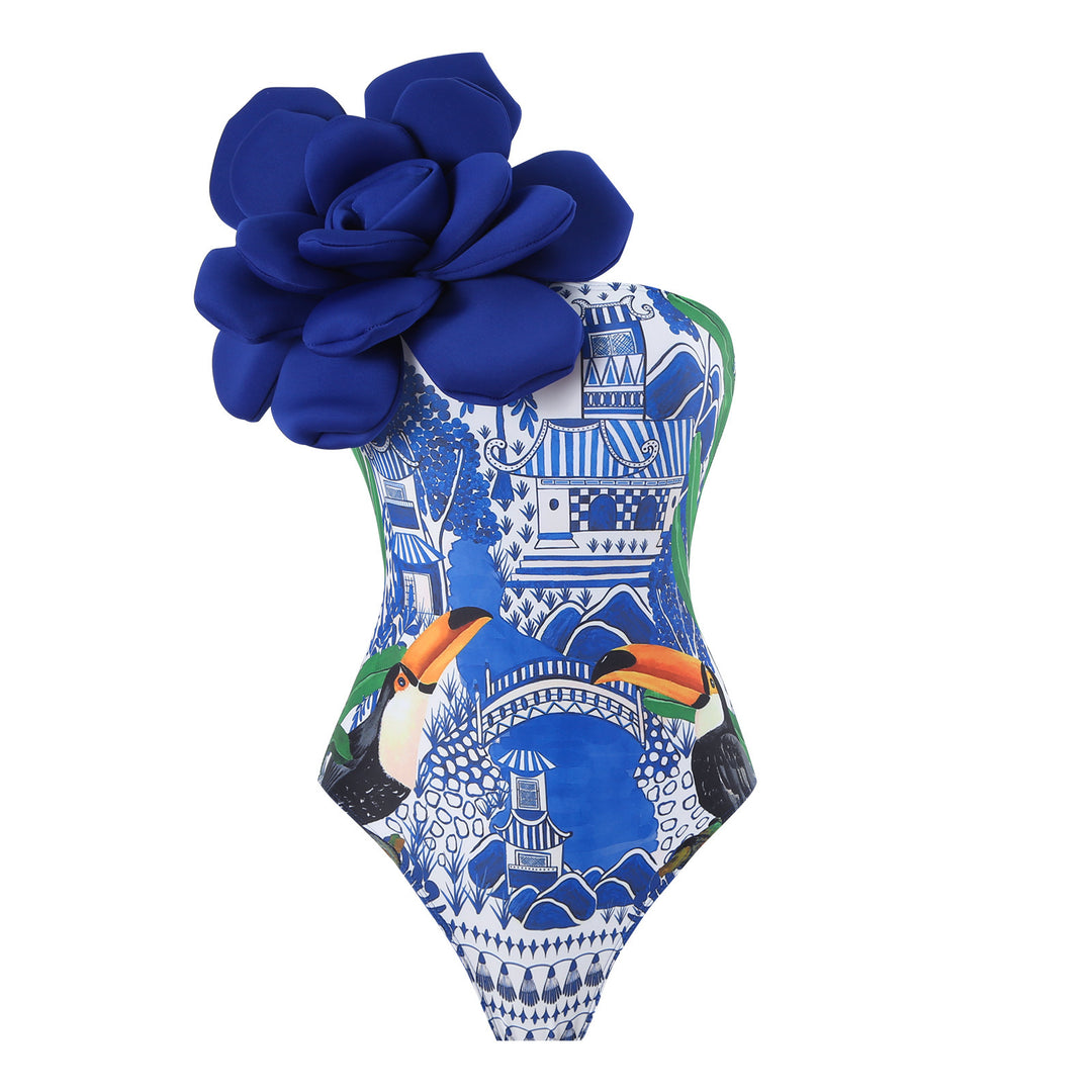 Damen Eleganter Badeanzug mit großem Blumen-Detail und transparentem Überrock Drune
