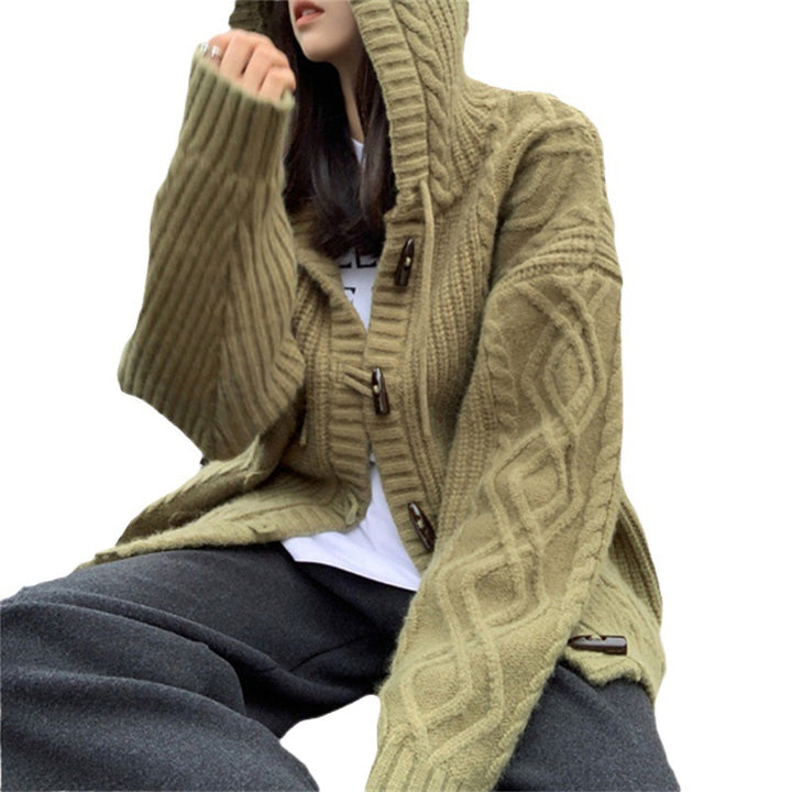 Damen kuschelige Strickjacke mit Kapuze und Zopfmuster Drune