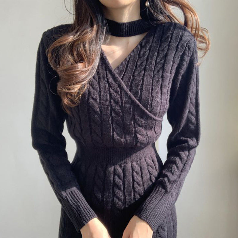 Damen langes Strickkleid mit buntem Zopfmuster und hohem Taillenschnitt Drune