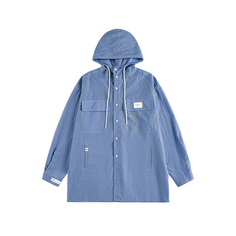 Unisex Kapuzen-Overshirt im karierten Longline-Schnitt mit Pattentaschen und Druckknopfleiste Drune