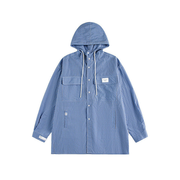 Unisex Kapuzen-Overshirt im karierten Longline-Schnitt mit Pattentaschen und Druckknopfleiste Drune