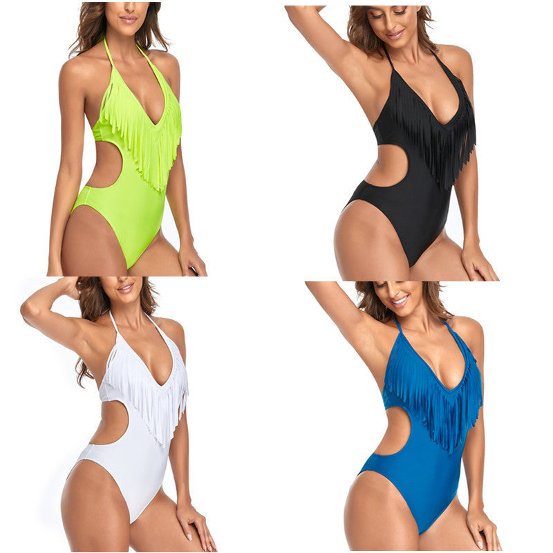 Damen Einteiliger Badeanzug mit raffiniertem Fransen-Design und tiefem V-Ausschnitt Drune