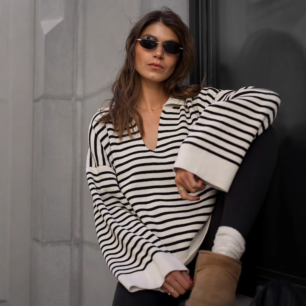 Damen Gestreifter Strickpullover mit gemütlicher Passform Drune