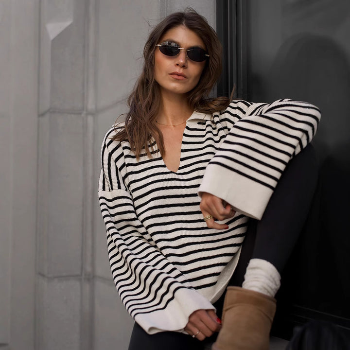 Damen Gestreifter Strickpullover mit gemütlicher Passform Drune