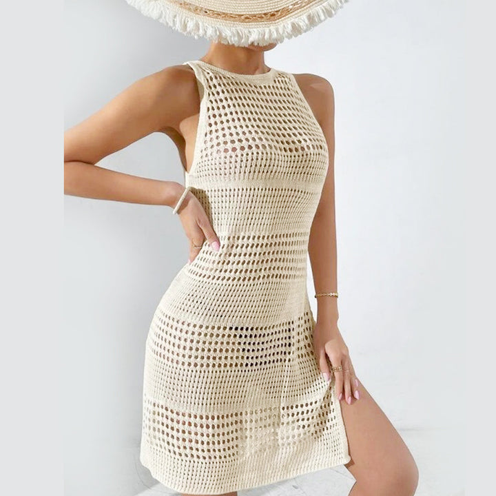 Damen Häkel-Strandkleid mit tiefem Schlitz und raffiniertem Muster Drune