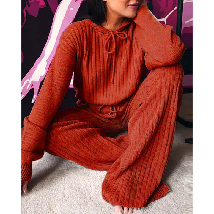 Damen Geripptes Strick-Loungewear-Set mit Kapuzenpullover und weiter Kordelzughose Drune