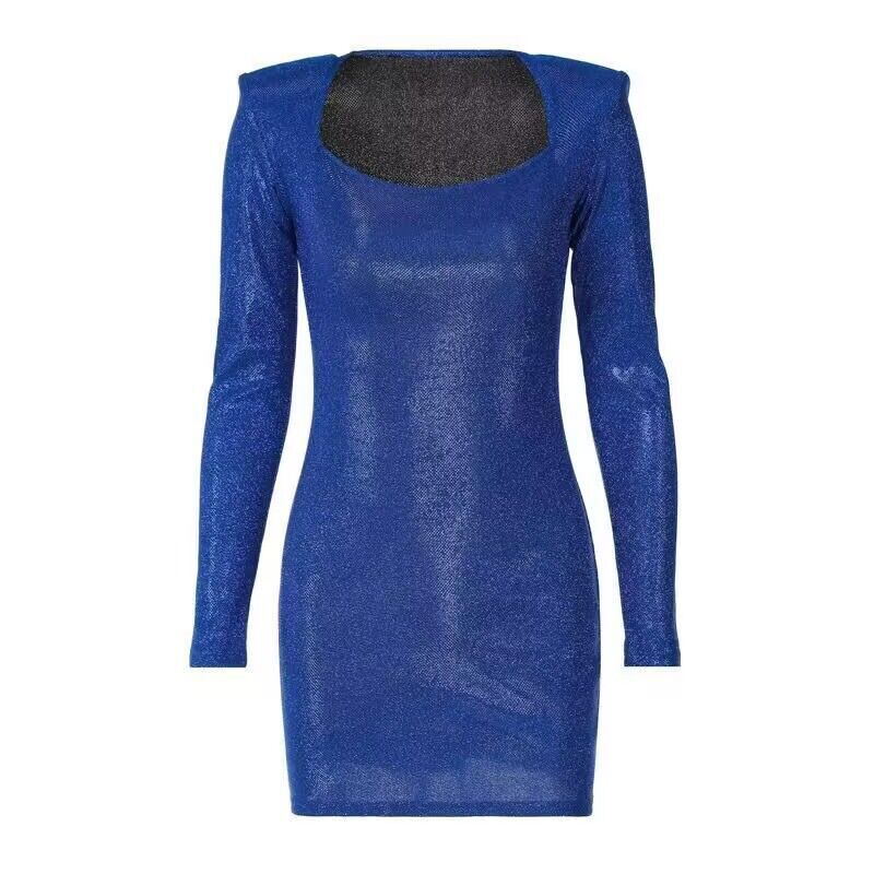 Damen Schimmerndes figurbetontes Minikleid mit quadratischem Ausschnitt und betonten Schultern Drune