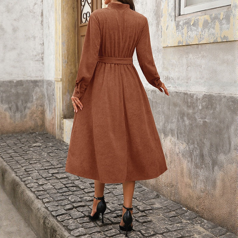 Damen Midi-Kleid mit Taillengürtel und Knopfleiste Drune
