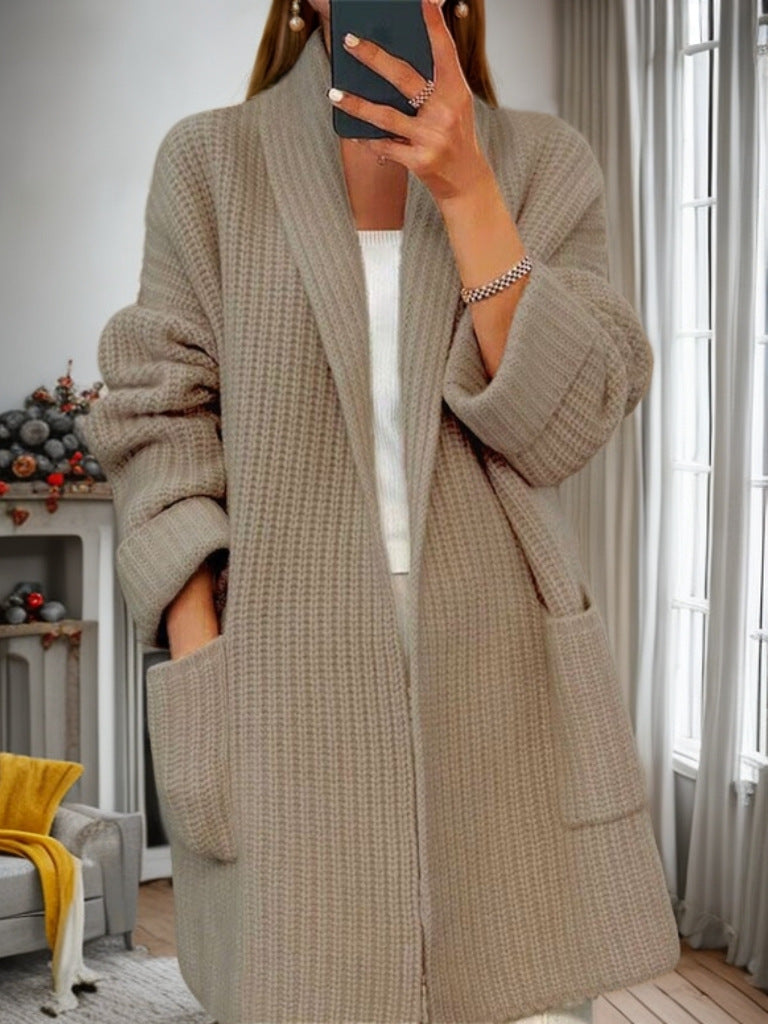 Damen nan langer übergroßer Strickmantel mit Schalkragen und aufgesetzten Taschen Drune