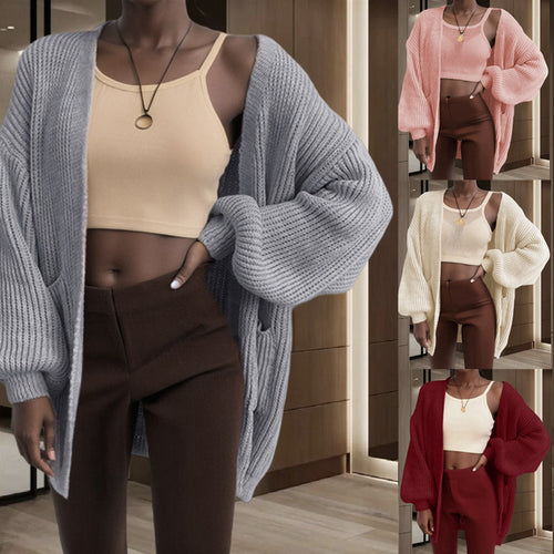 Damen Grobstrick Cardigan mit weiten Ärmeln und praktischen Taschen Drune