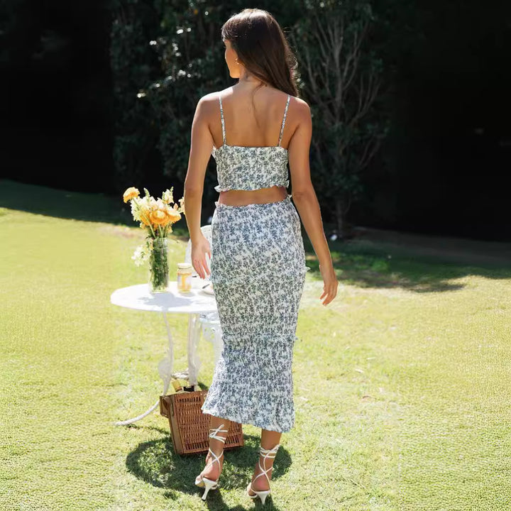 Damen Zweiteiliges Set ausCrop-Top und Midi-Rock mit floralem Design Drune