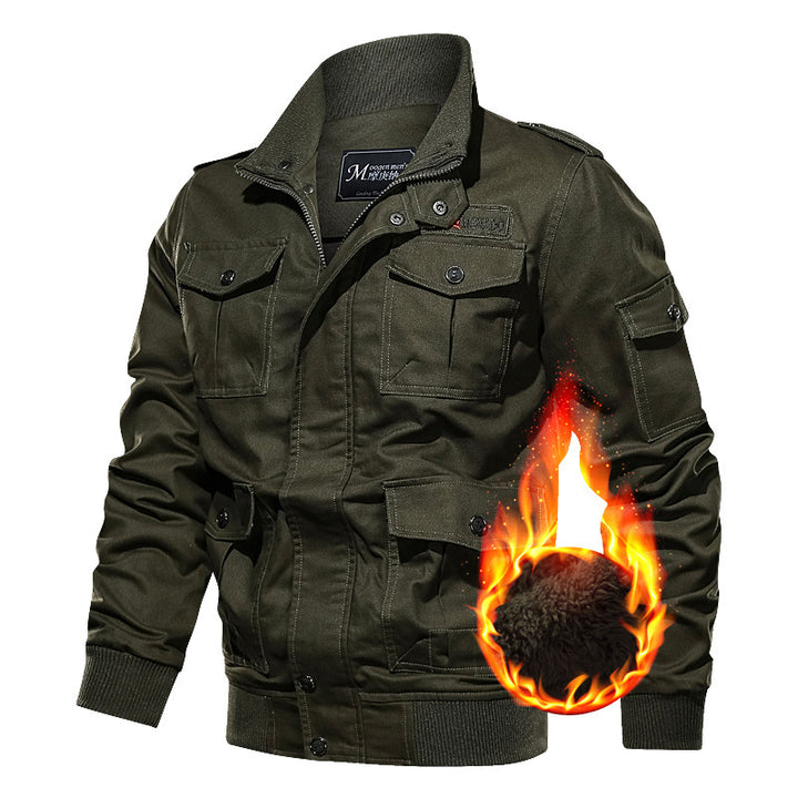 Herren nan winddichte Canvas-Militärjacke mit Teddyfutter, multiplen Klapp- und Reißverschlusstaschen sowie geripptem Saum Drune