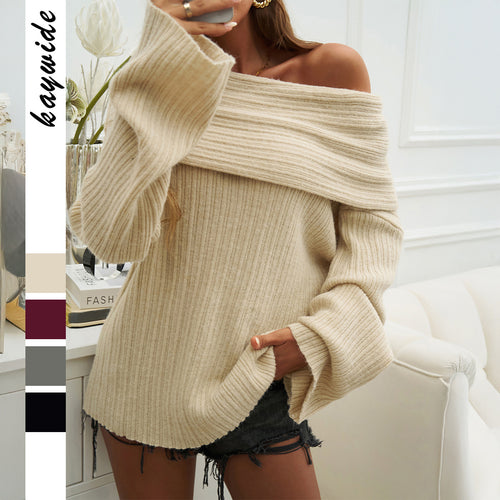 Damen nan Oversize-Schulterfreier Rippstrickpullover mit weitem Umschlagkragen und Ballonärmeln Drune