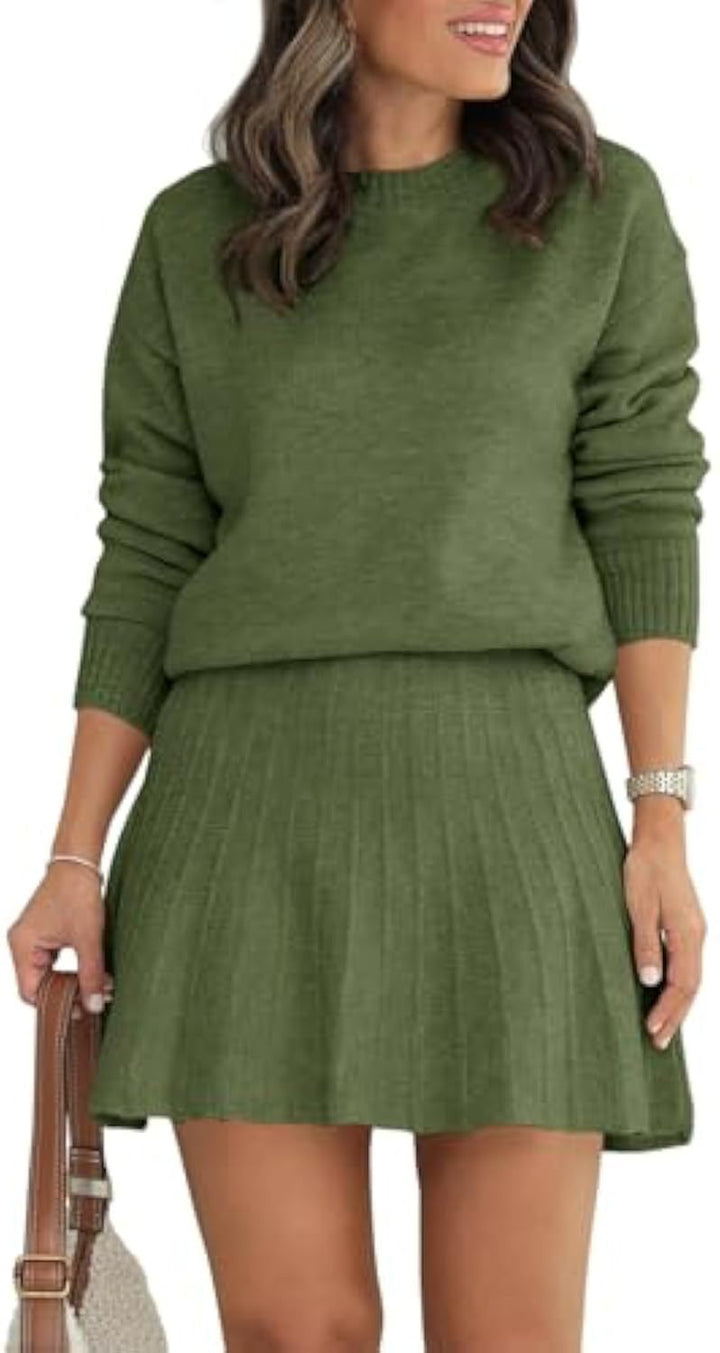 Damen Zweiteiliges Strick-Set mit Rundhals-Pullover und Plissée-Minirock Drune