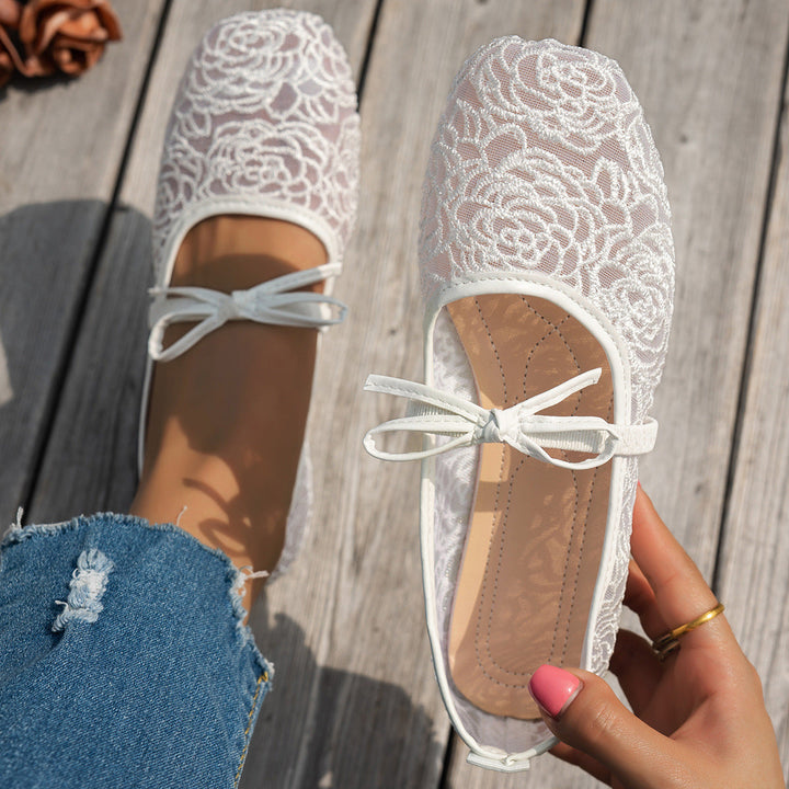 Damen Elegante Spitzenschuhe mit dekorativen Schleifen und funkelnden Akzenten Drune