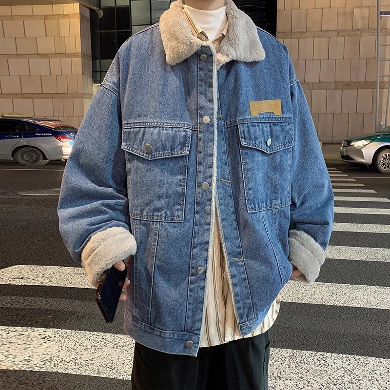 Herren Lässige Denimjacke mit Kunstfellkragen Drune