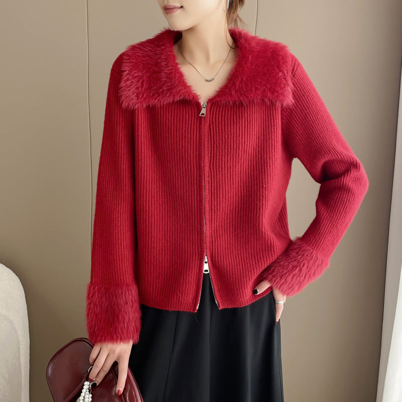 Damen Strickjacke mit luxuriösem Kunstfellkragen und Rippstrick Drune