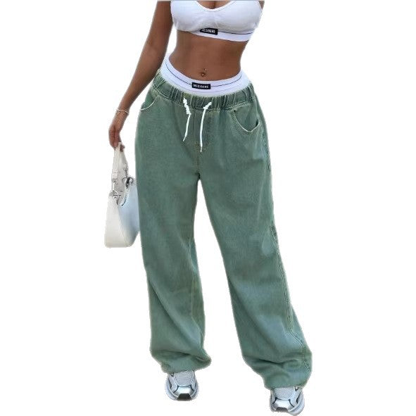 Damen Weite Vintage-Denim-Hose mit elastischem Tunnelzugbund und bodenlangem Baggy-Schnitt Drune