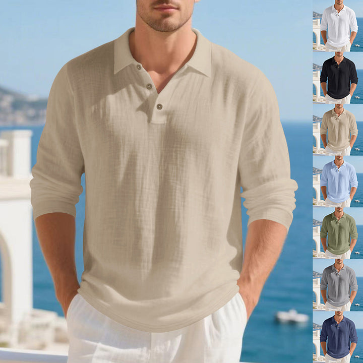 Herren nan Musselin-Langarm-Poloshirt mit Hemdkragen, kurzer Knopfleiste und natürlicher Knopfoptik Drune