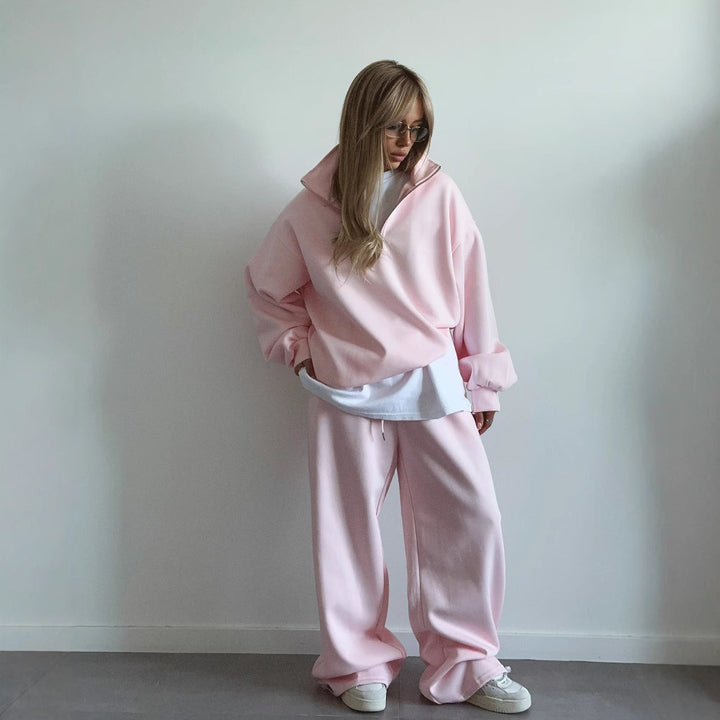 Damen Oversize Sweatshirt mit Halbzip und hohem Stehkragen Drune