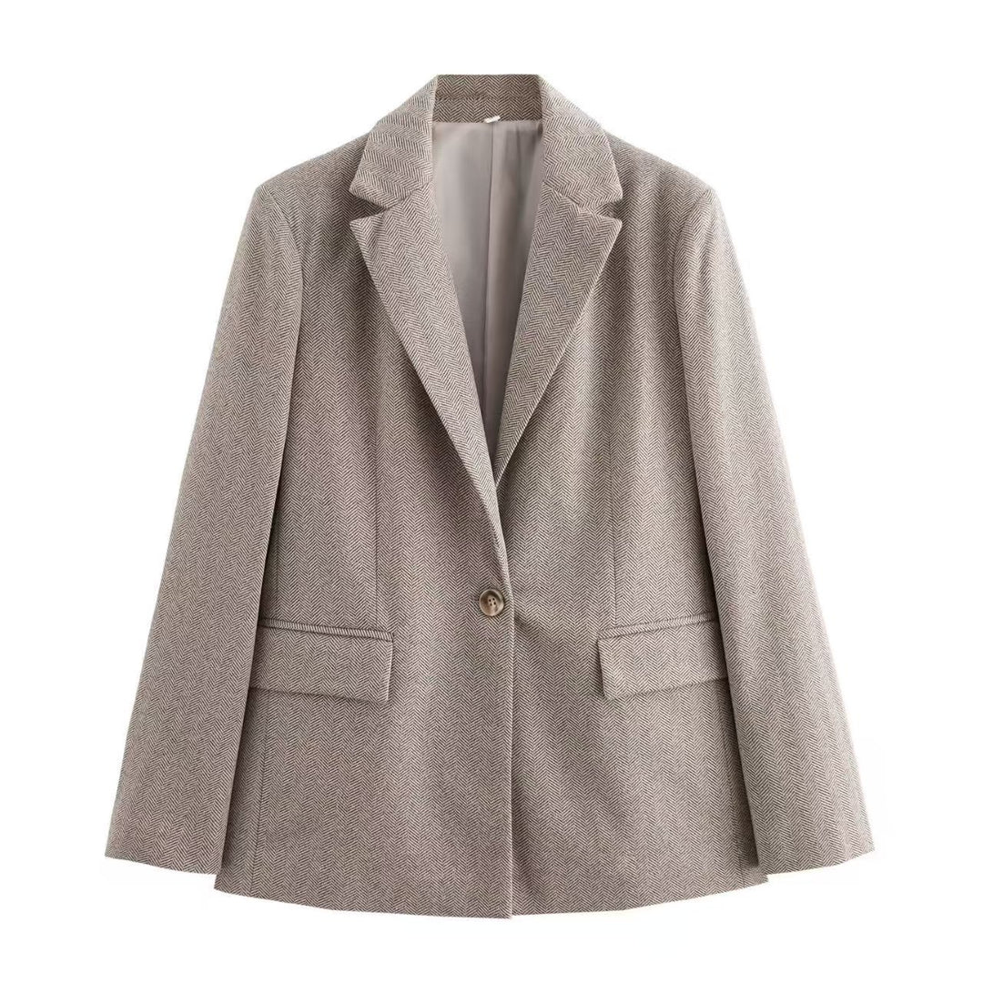 Damen Einreihiger Blazer mit Fischgrätmuster, Reverskragen und Pattentaschen Drune