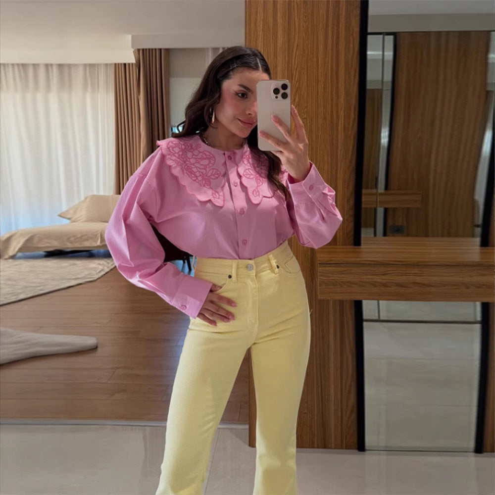 Damen Bluse mit übergroßem besticktem Spitzenkragen, Ballonärmeln & kastiger Silhouette Drune