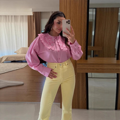Damen Bluse mit übergroßem besticktem Spitzenkragen, Ballonärmeln & kastiger Silhouette Drune