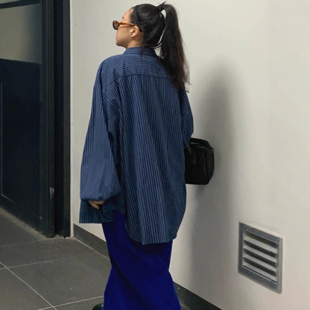 Damen Oversize-Hemd mit feiner Nadelstreifen-Optik, gerundetem Saum und überschnittener Schulter Drune